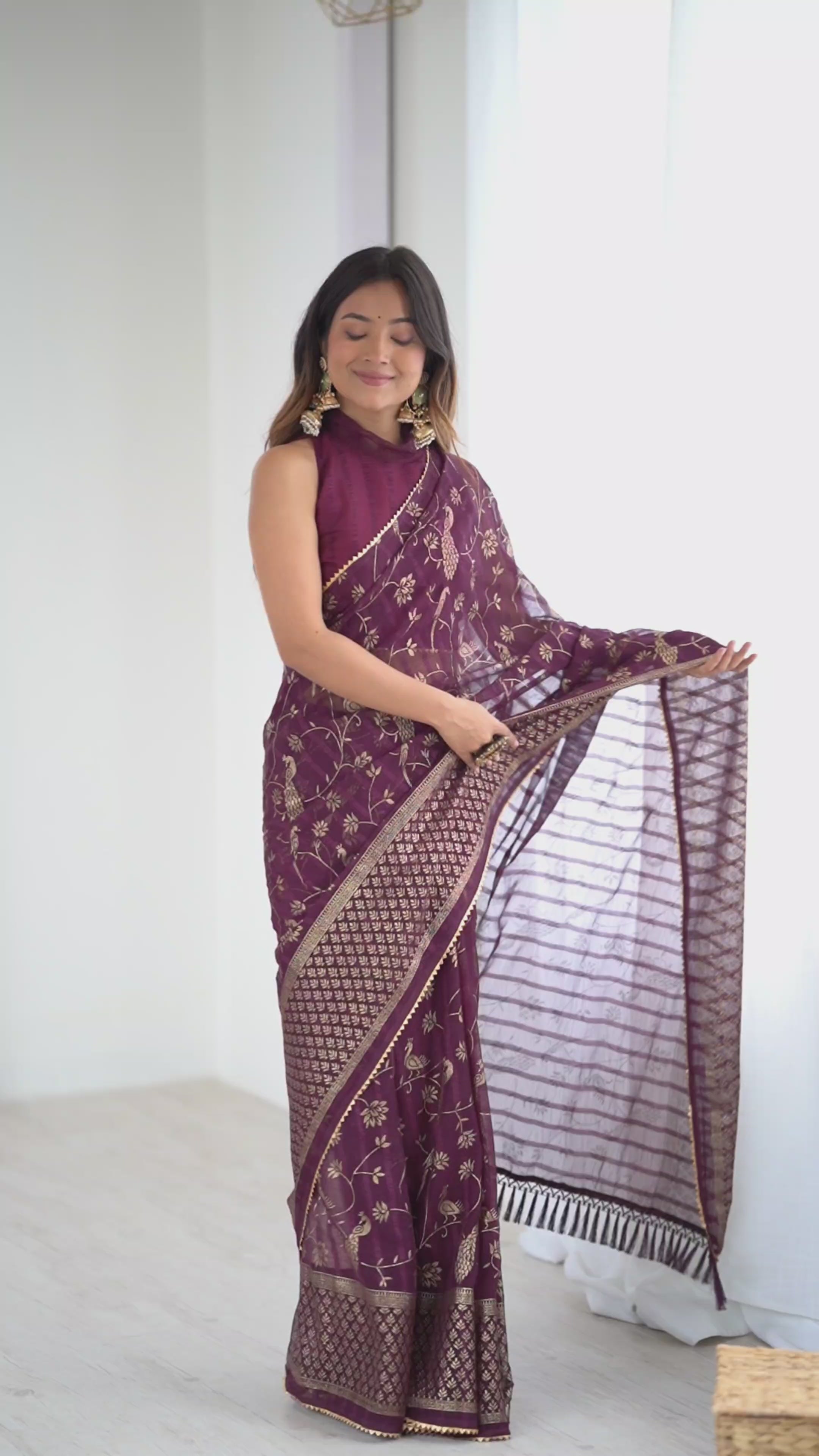 Rich Wine Georgette Patta Saree with Foil Work, Small Lace & Zalar Lace