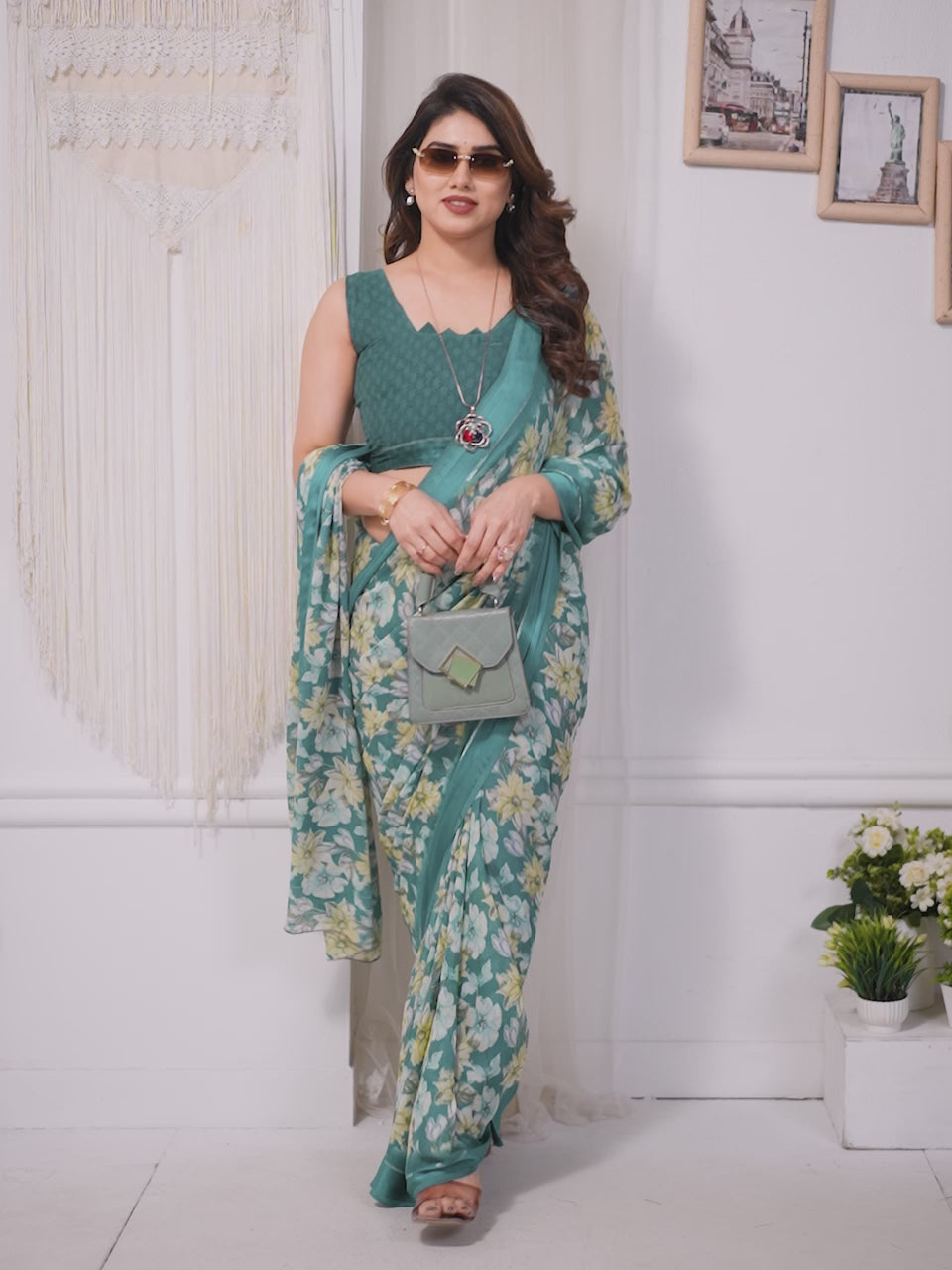 Elegant Rama Bright Moss Satin Patta Printed Saree with Matching Blouse