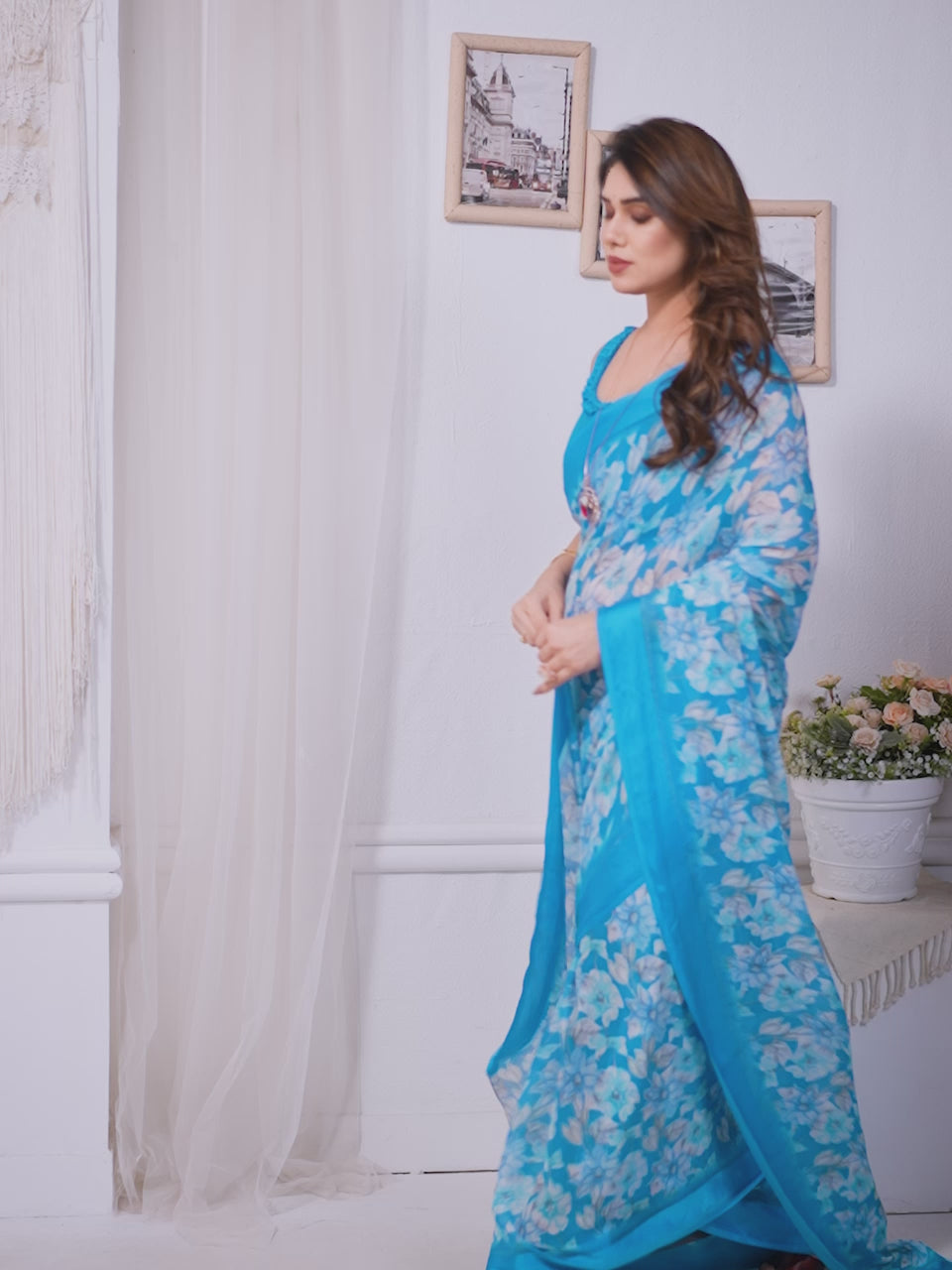 Refreshing Sky Blue Bright Moss Satin Patta Printed Saree with Matching Blouse