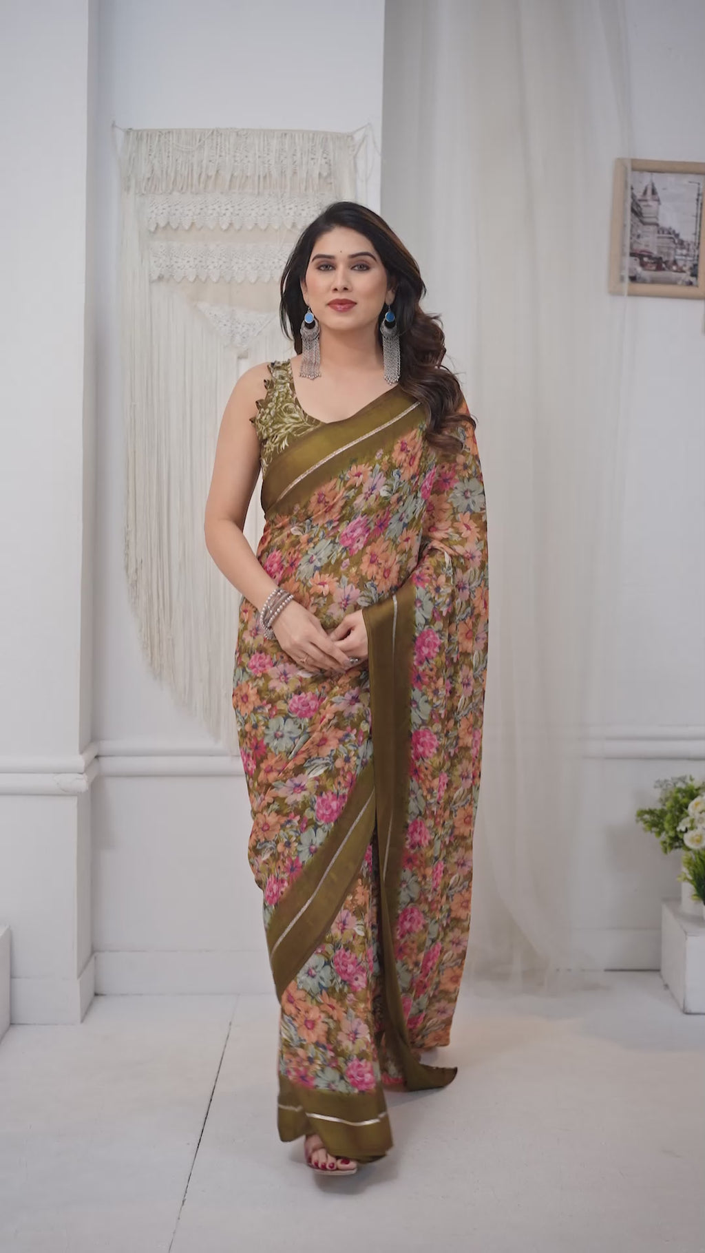 Stylish Camel Bright Moss Satin Patta Printed Saree with Matching Blouse