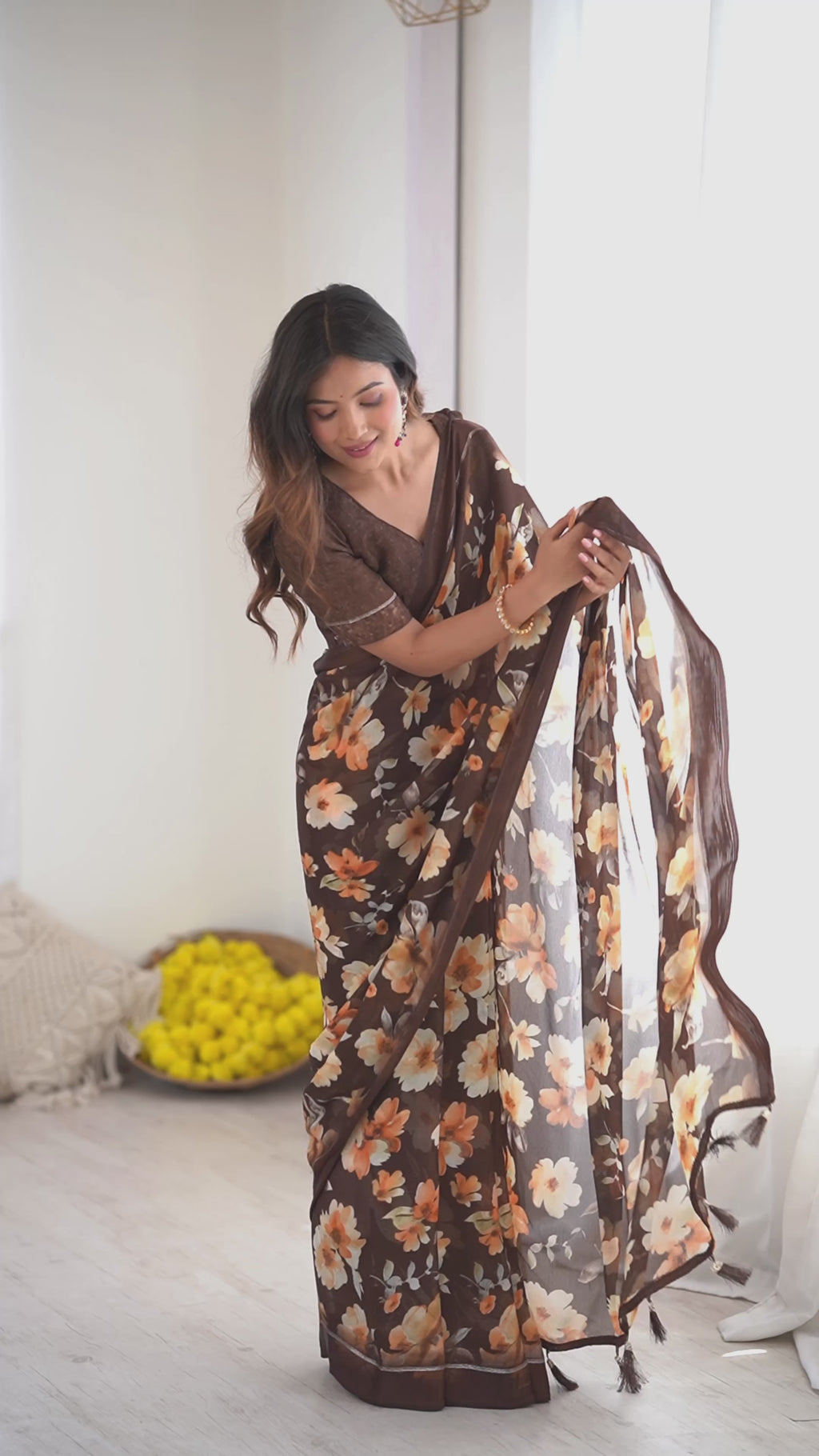 Beautiful Brown Bright Moss Satin Patta Printed Saree with Matching Blouse