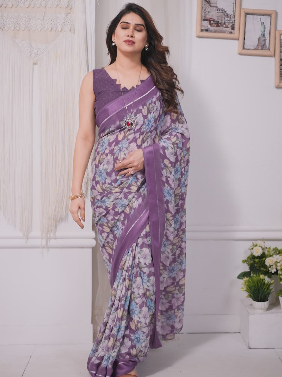 Beautiful Purple Bright Moss Satin Patta Printed Saree with Matching Blouse