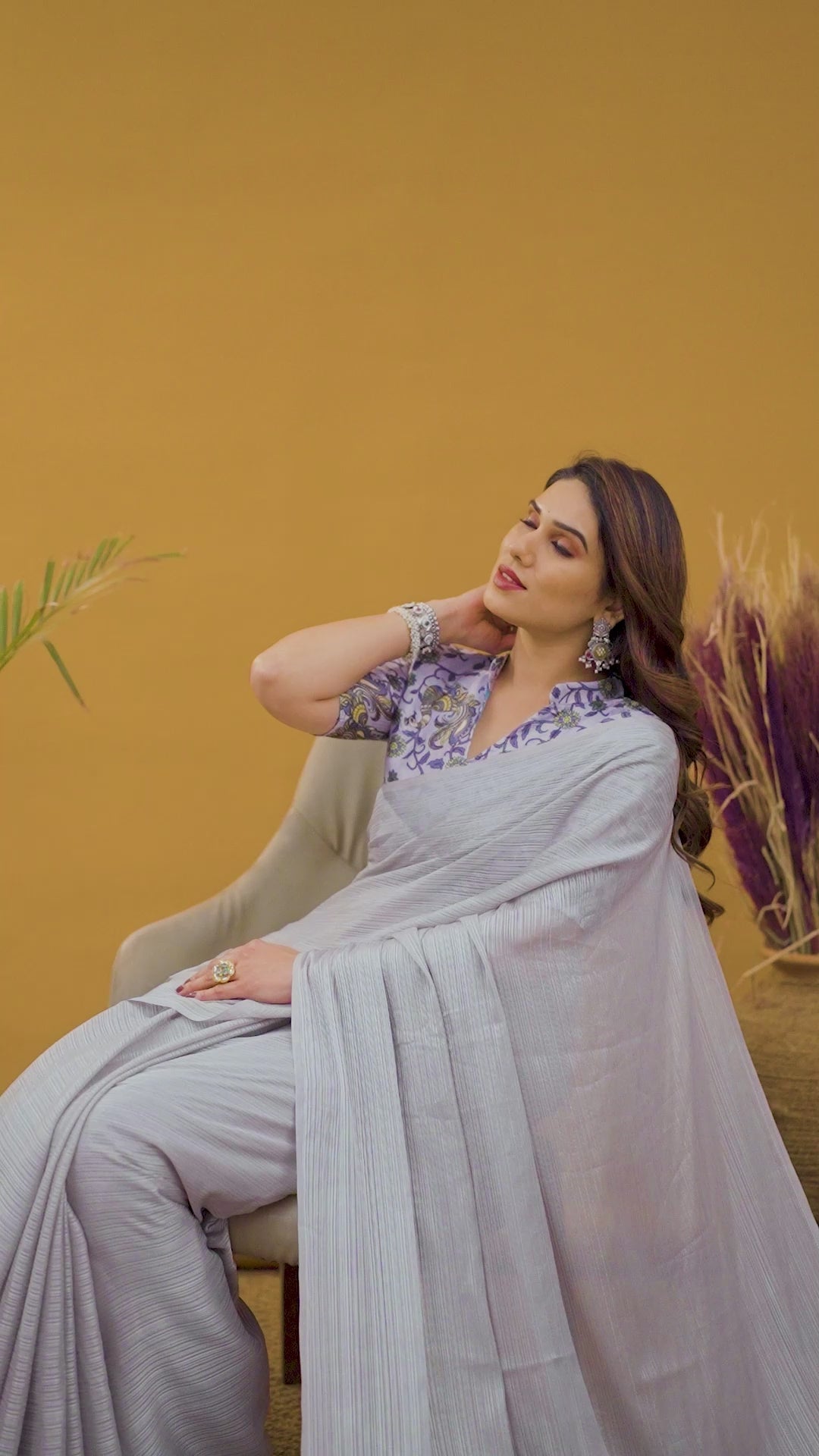 Grey Plain Saree with Kalamkari Digital Print Blouse for Women