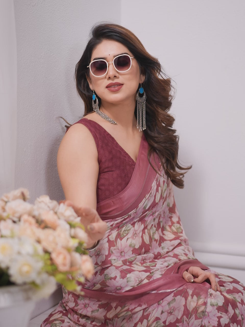 Royal Maroon Bright Moss Satin Patta Printed Saree with Matching Blouse