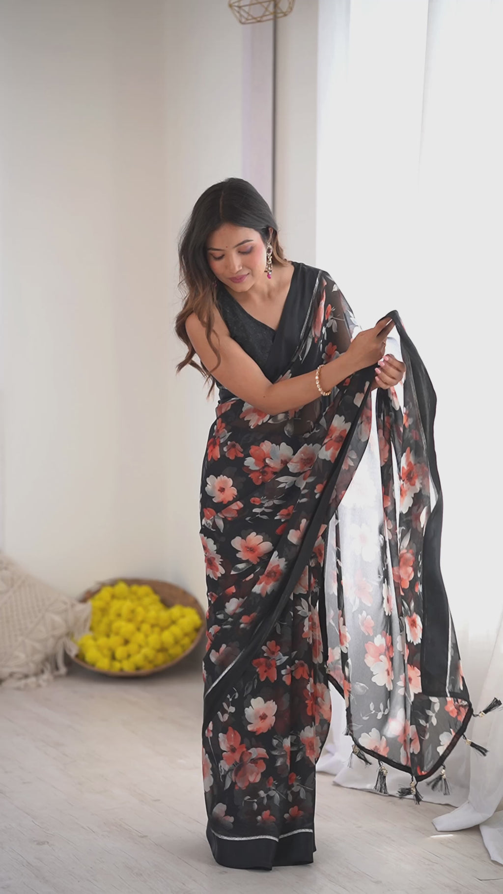 Elegant Black Bright Moss Satin Patta Printed Saree with Matching Blouse